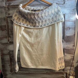White House Black Market Off-Shoulder Sweater in White and Gray